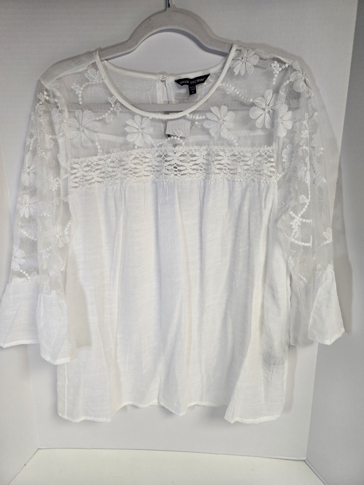 Unique Spectrum White Boho Blouse Top Sz L Womens