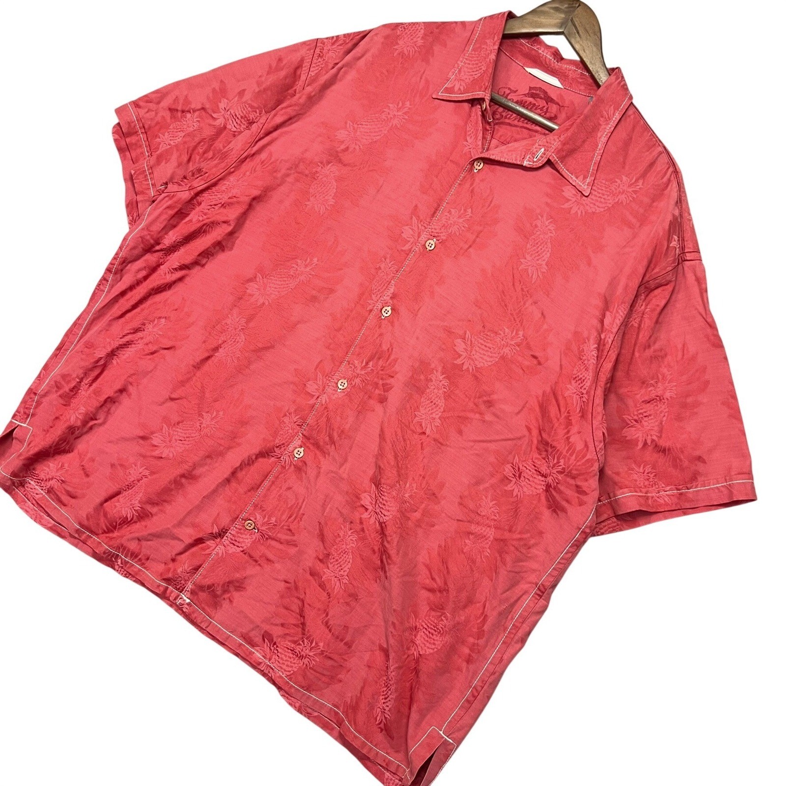 Tommy Bahama Mens XXL Silk Cotton Pineapple Jacquard Camp Shirt Coral Red SS