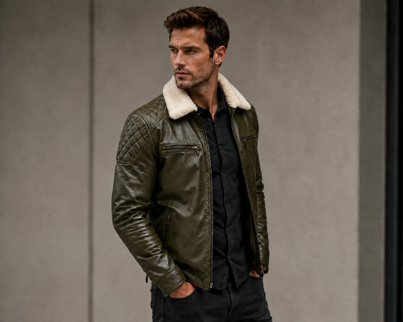 Men’s Green Leather Jacket – Faux Shearling Collar – Quilted Biker – Bomber Zip