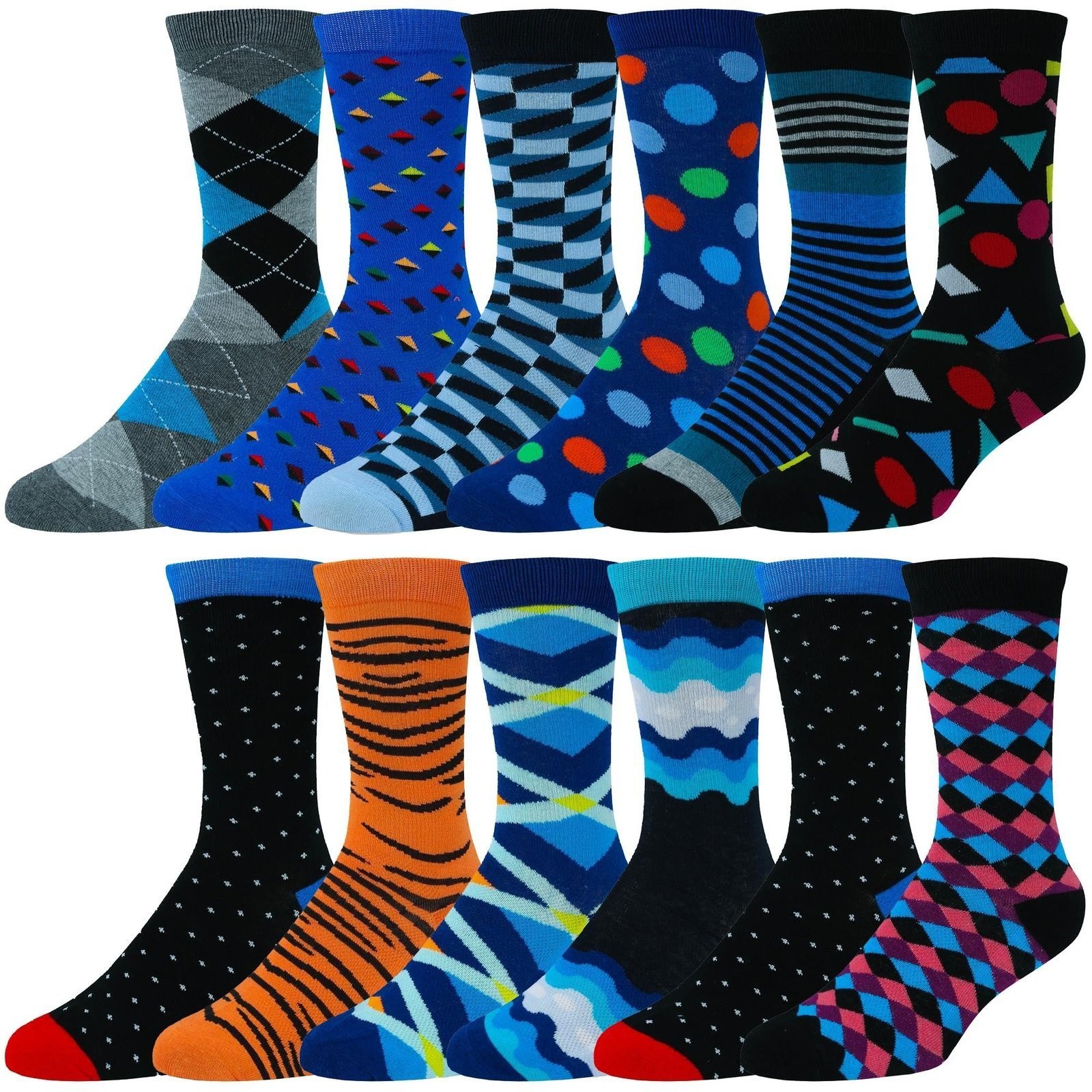 ZEKE Men’s Dress Socks Funky Fun Colorful Crew Socks 12 Assorted Patterns