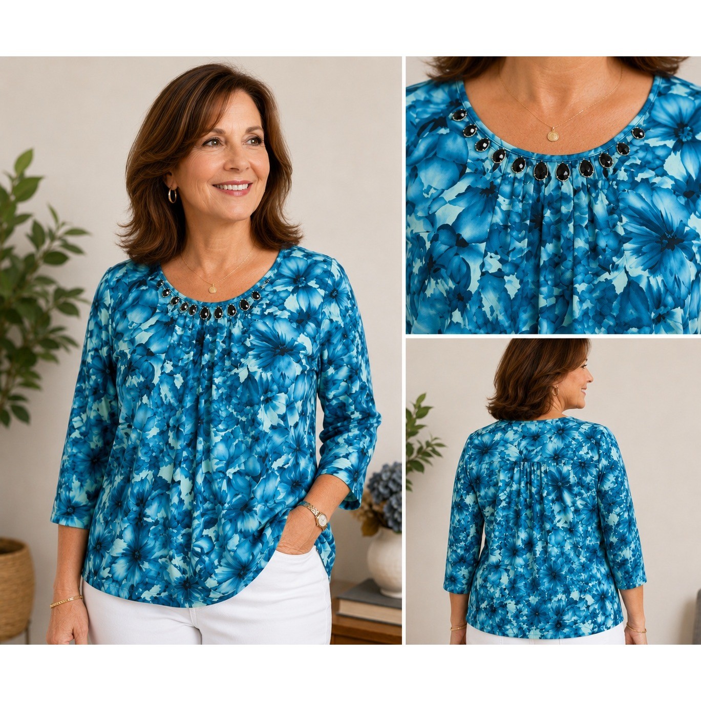 Avenue Blouse Women 22/24 Blue Floral Embellished Pleated 3/4 Sleeve Top