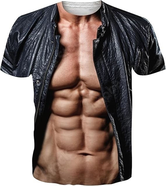 3D Fake Muscle T-Shirt Funny Abs Six Pack Mens Black Leather Jacket Graphic Tee