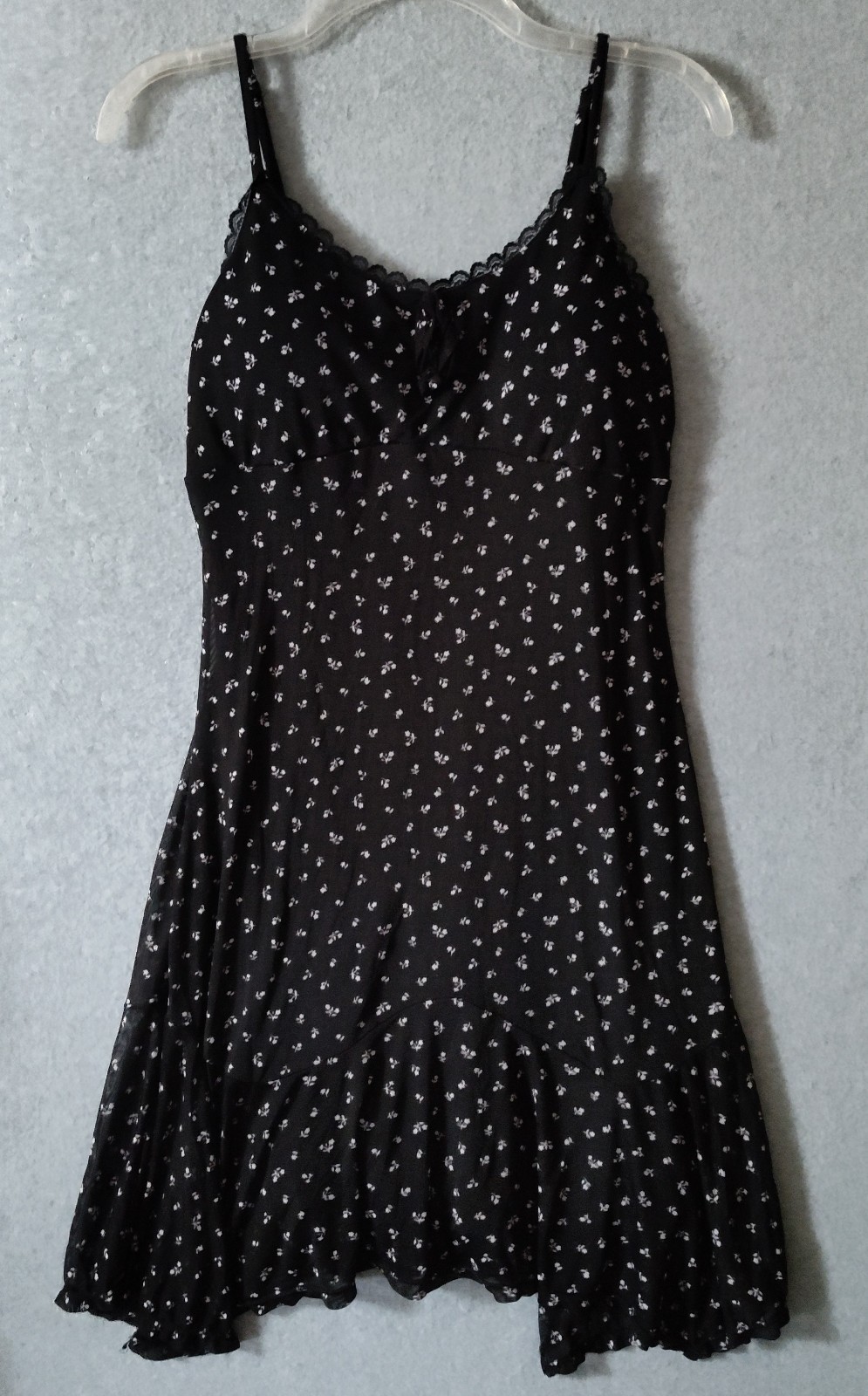 Black Floral Dress Empire Waist Thin Strap Sz L (12-14) Grunge Boho Fairy Twee