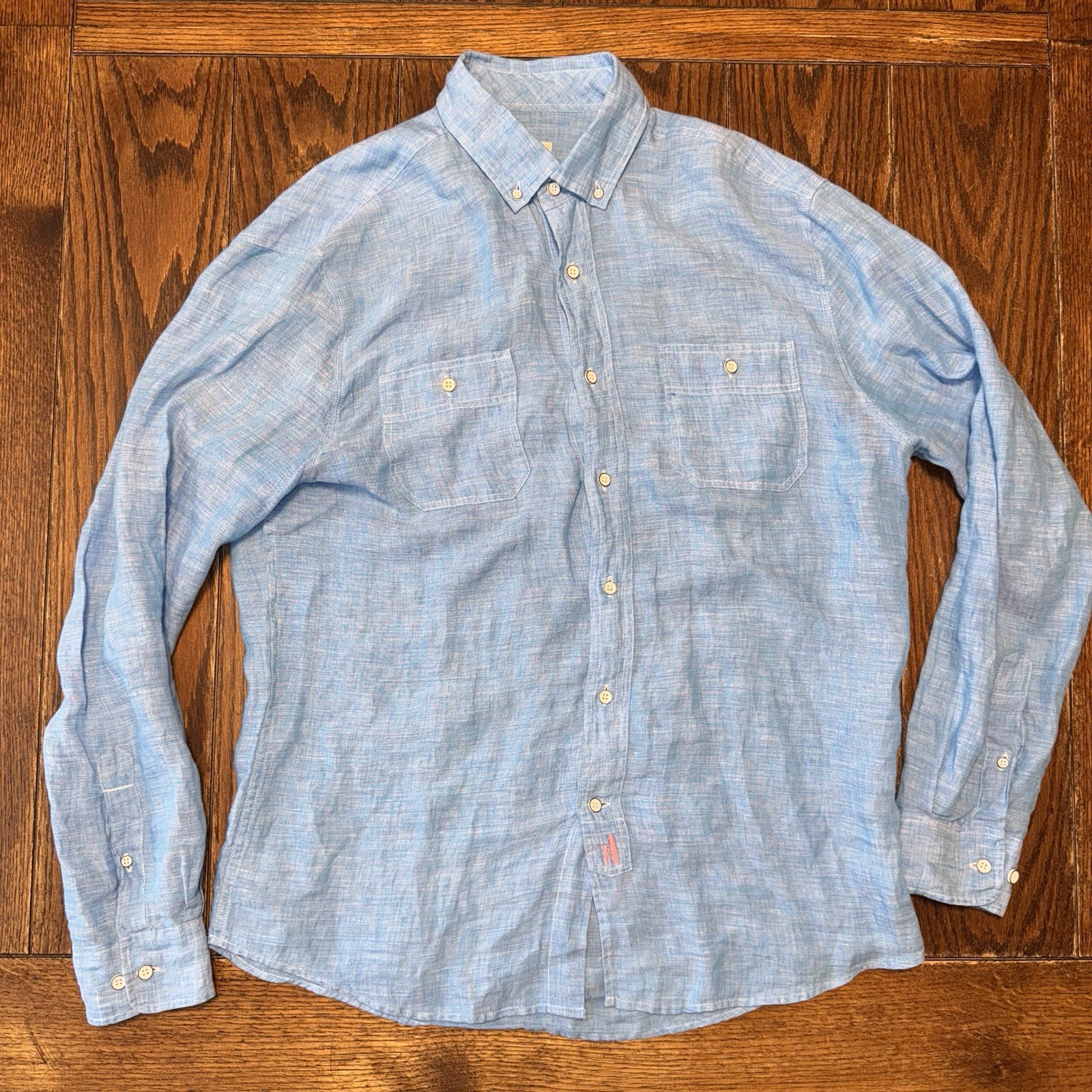 Johnnie-O Polo Long Sleeve Button Down Shirt Linen Cotton Laguna Blue Men Medium