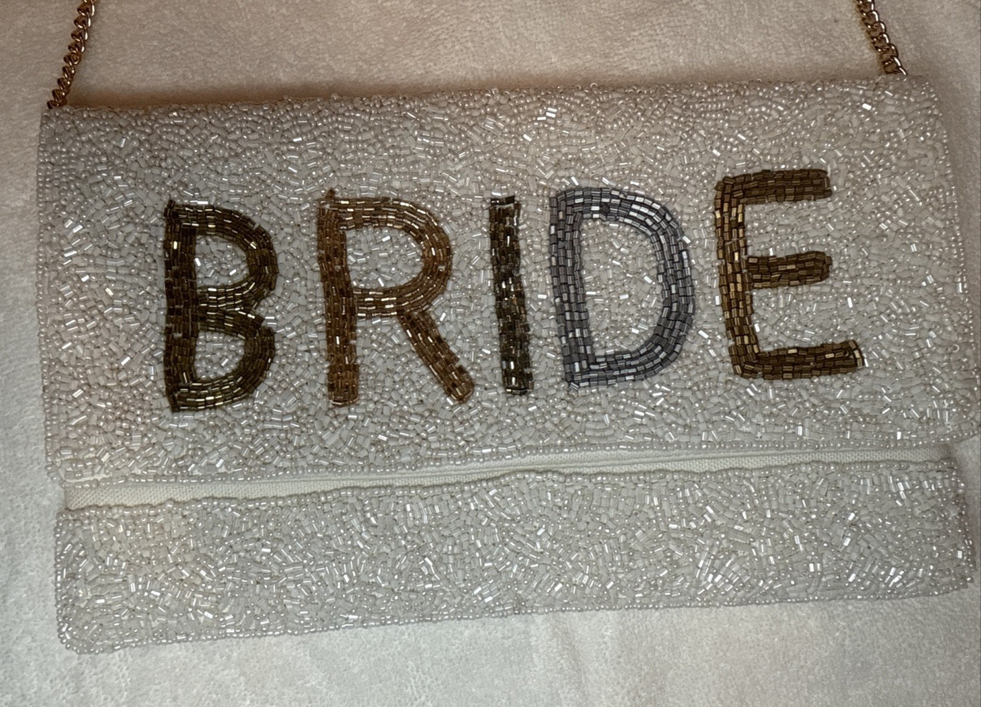 Bride Clutch Embroidered Glass Beaded Gold Tone Chain Strap Classy Elegant
