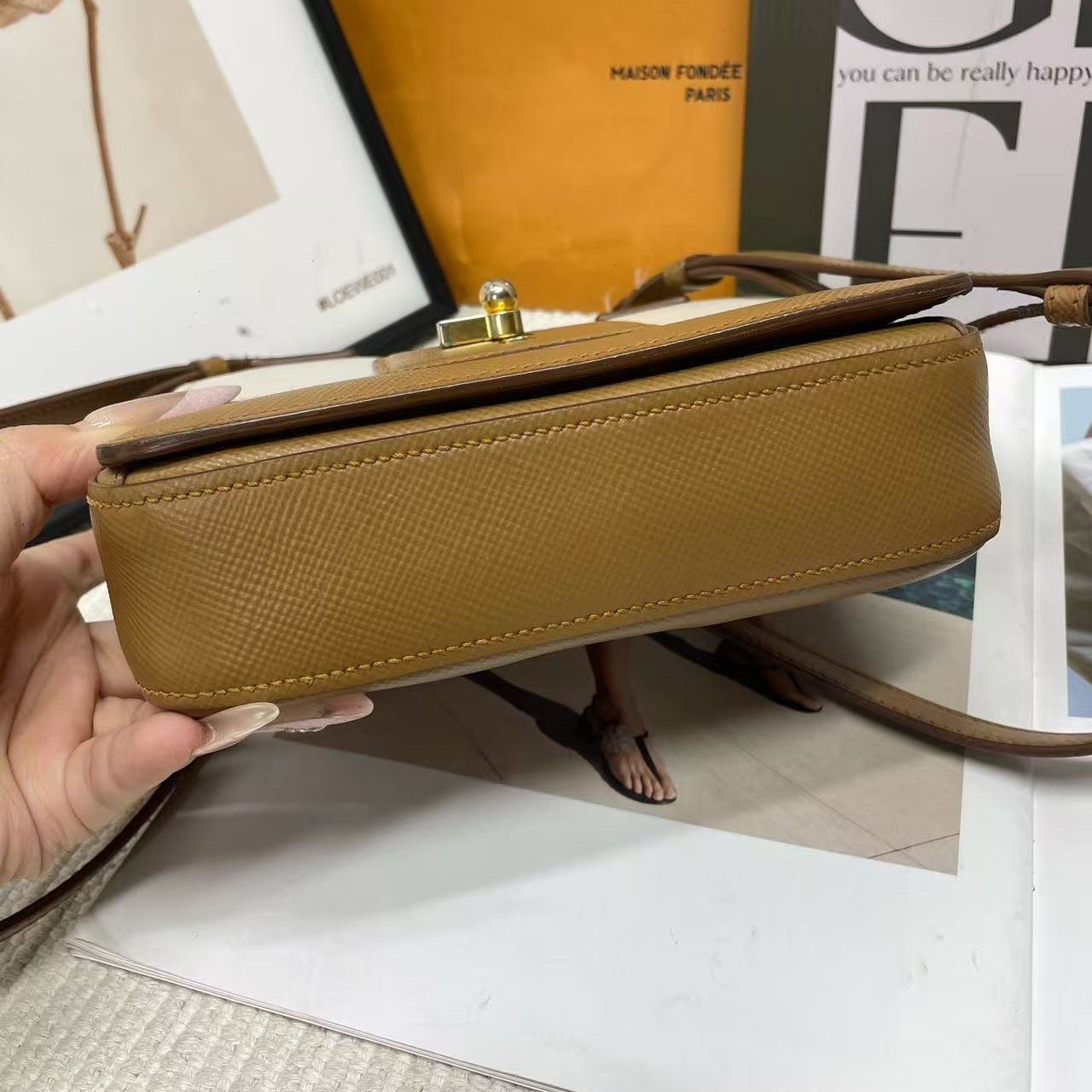 Prada Embleme Small White Camel Brown Saffiano Leather Crossbody Bag