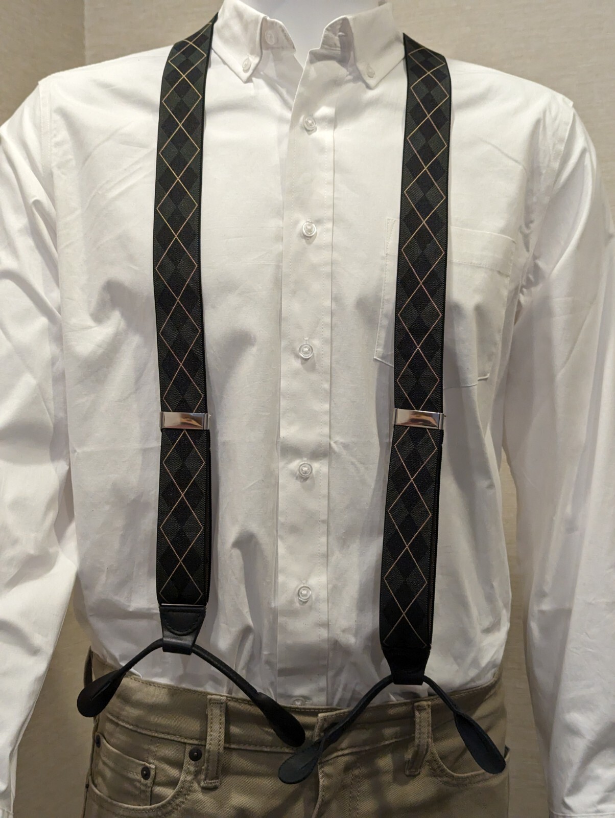 NWOT 1 3/8 Elastic Button End Braces Suspenders 35mm Black Green Khaki Diamond