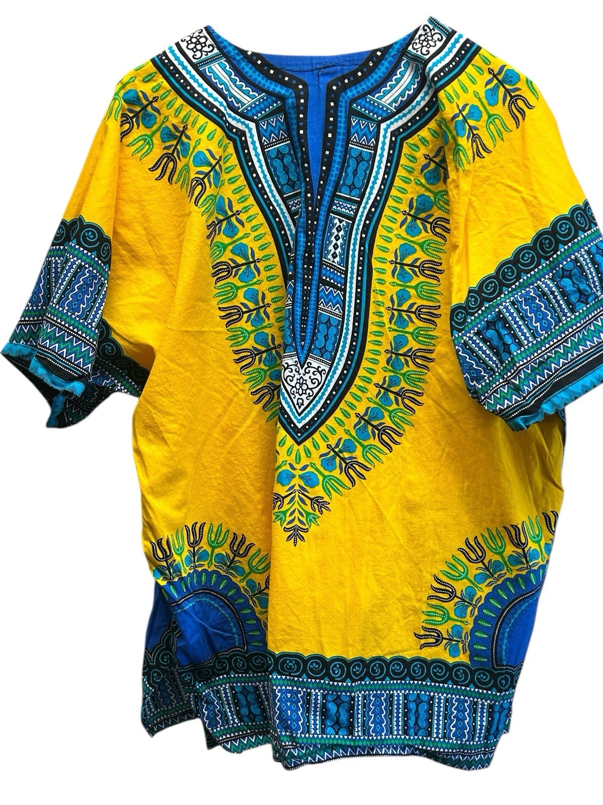 Mama & Papa Dashiki Tunic African Boho Shirt Yellow Blue One Size XL Thailand