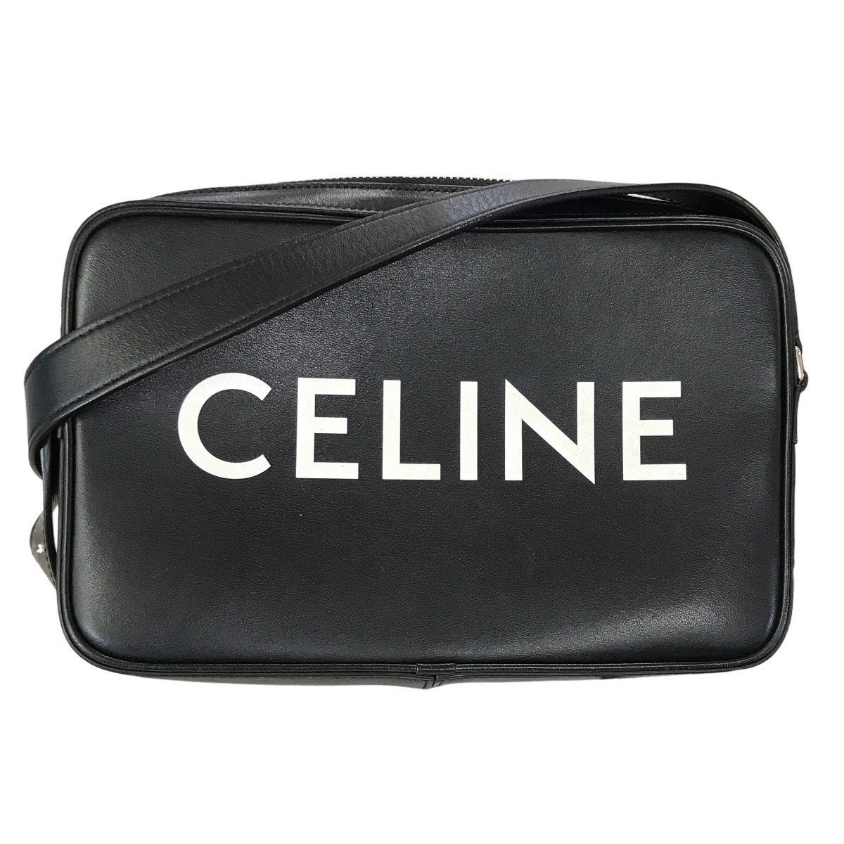 CELINE Logo Medium Messenger Shoulder Bag Black Leather Crossbody Auth 11456780