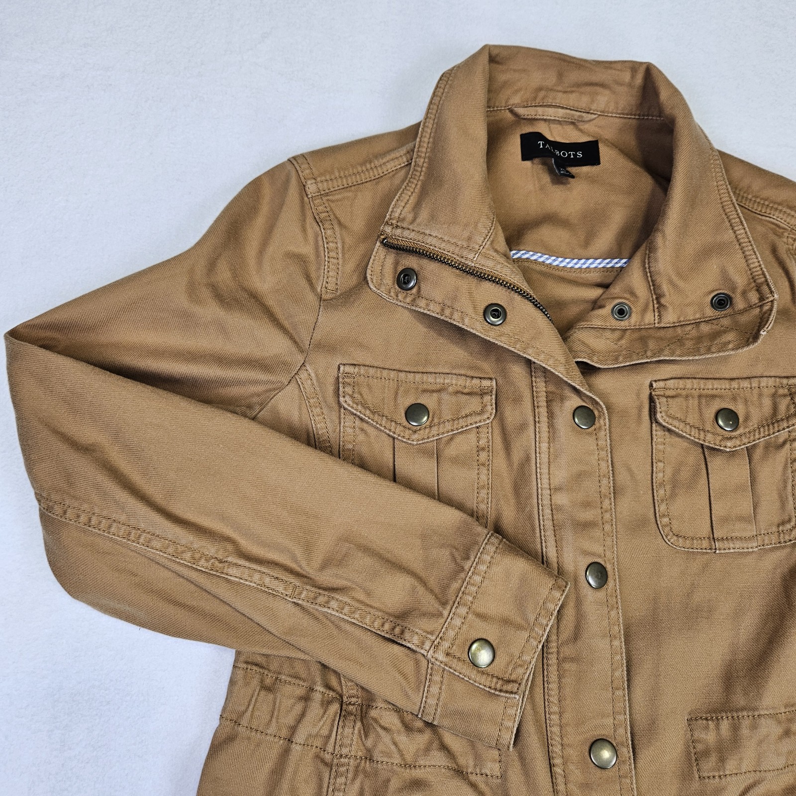 Talbots Safari Jacket Womans XS Camel Brown Twill Cotton Stretch Utility Outdoor