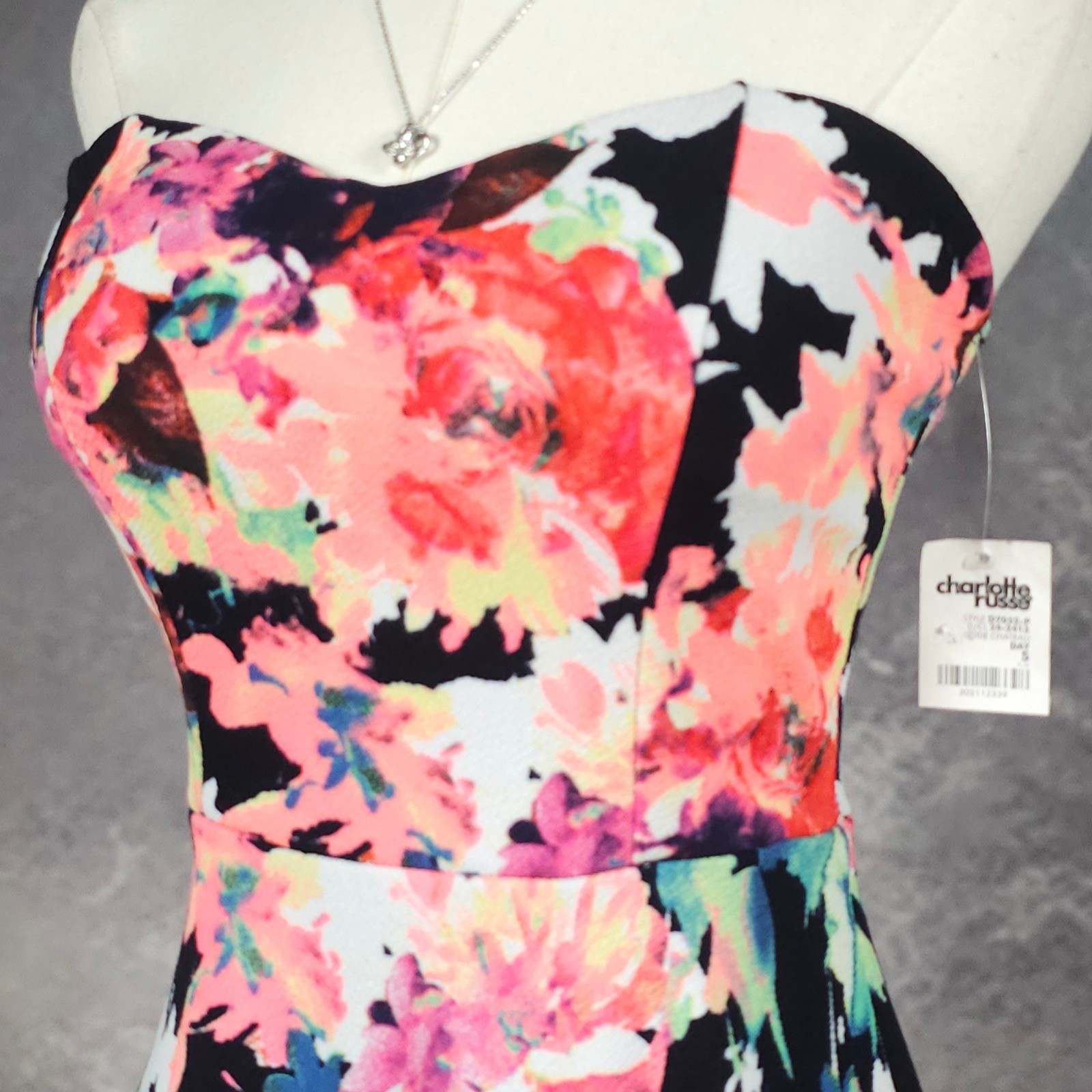 NWT Vintage Y2K Charlotte Russe Indie Floral Strapless Skater Mini Dress Black S