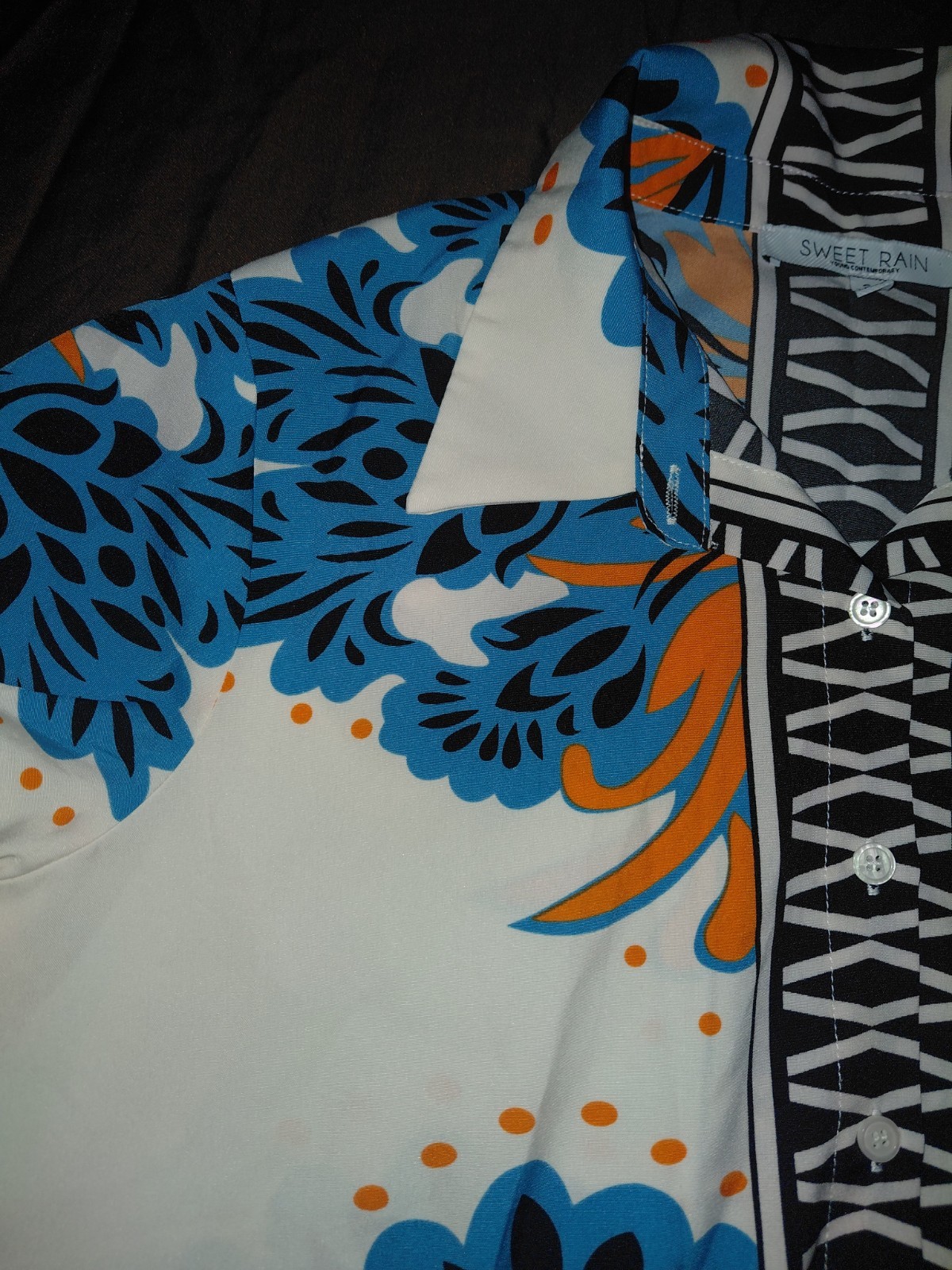Sweet Rain Contemporary Beige/teal/orange/black Paisley Button Up Long Sleeve Sm