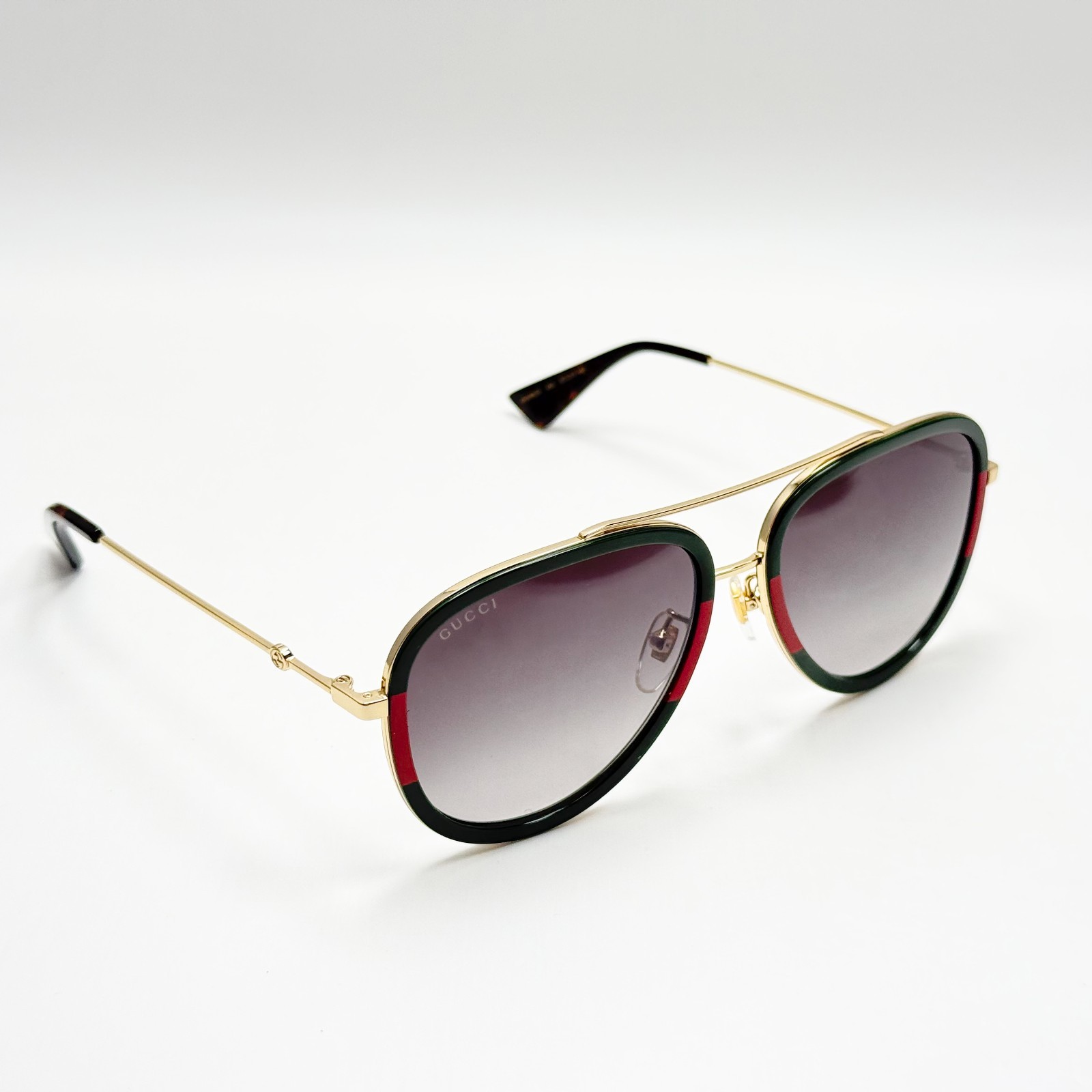 Gucci GG0062S 003 Aviator Sunglasses Green Red Gold Frame Gray Lens 57mm