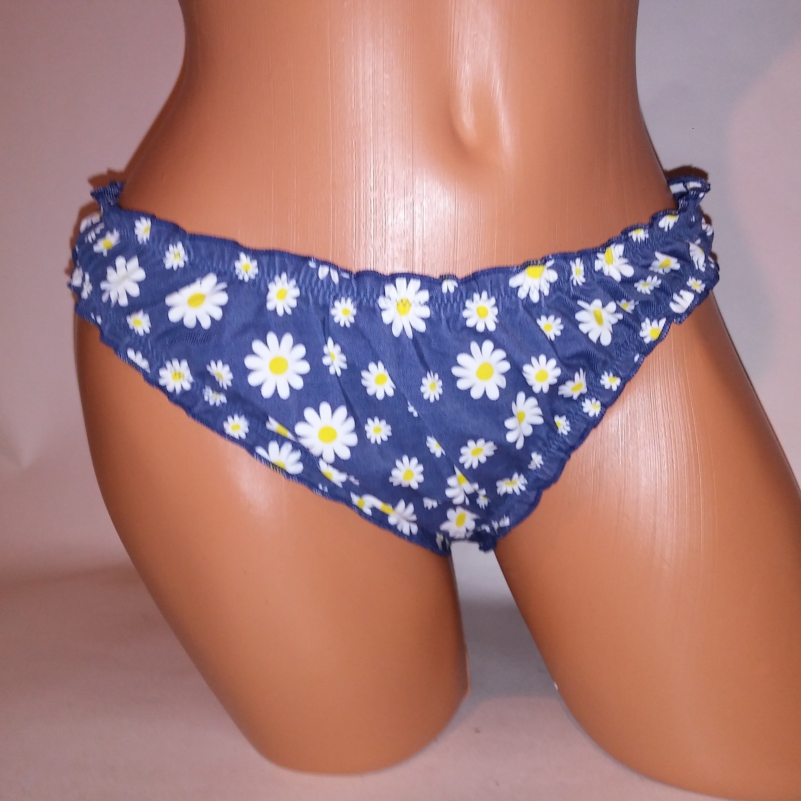Victoria Secret PINK Swim Bikini Bottom Blue White Ruffle Cheeky Daisy Floral