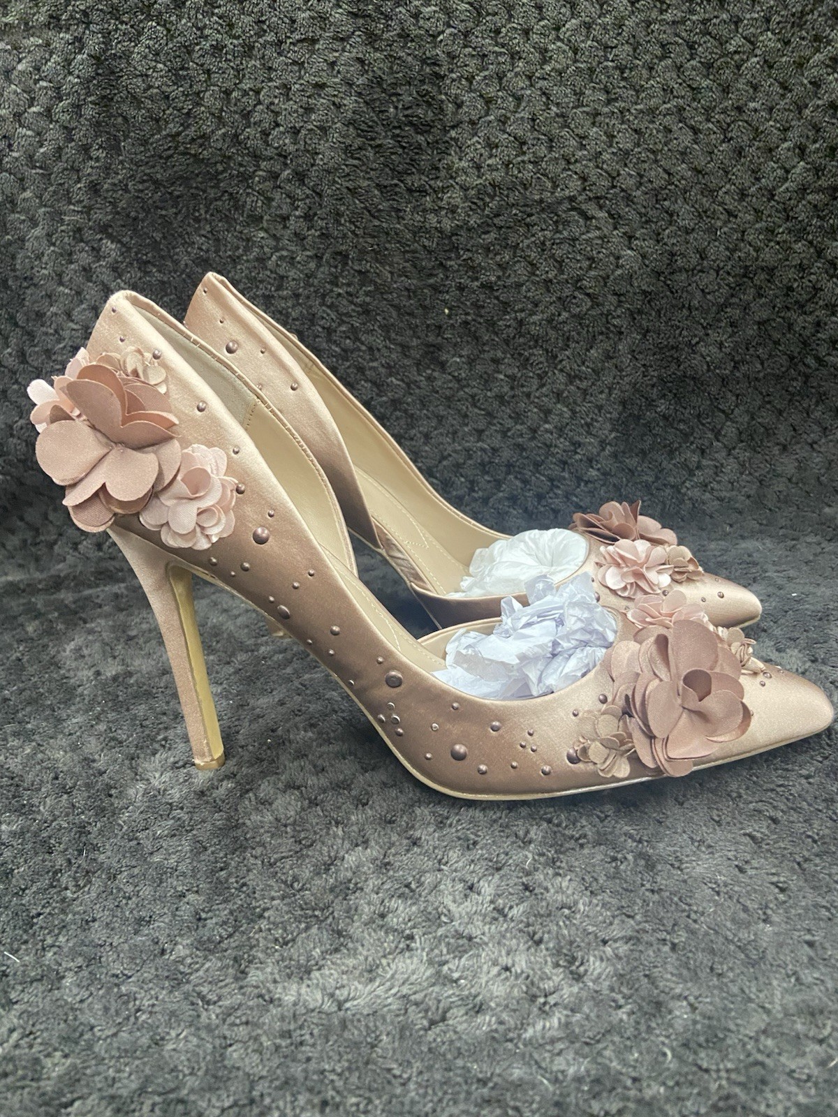 Charles by Charles David Taupe Satin Chiffon Floral Studded Stiletto Pumps 7.5M