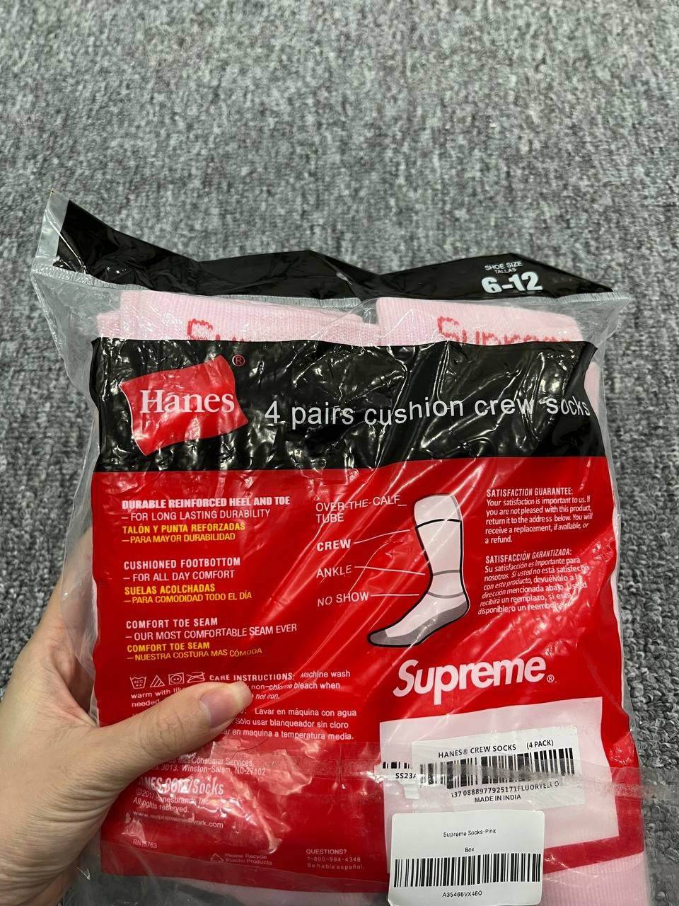 Supreme x Hanes Pink Crew Socks 4-Pack Size 6-12 Hypebeast Fast Ship US