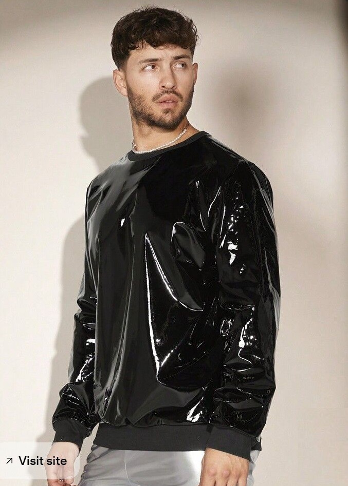 Men PVC Black Vinyl Patient Shiny Sweat Shirt Disco Gothic Punk glossy Jacket
