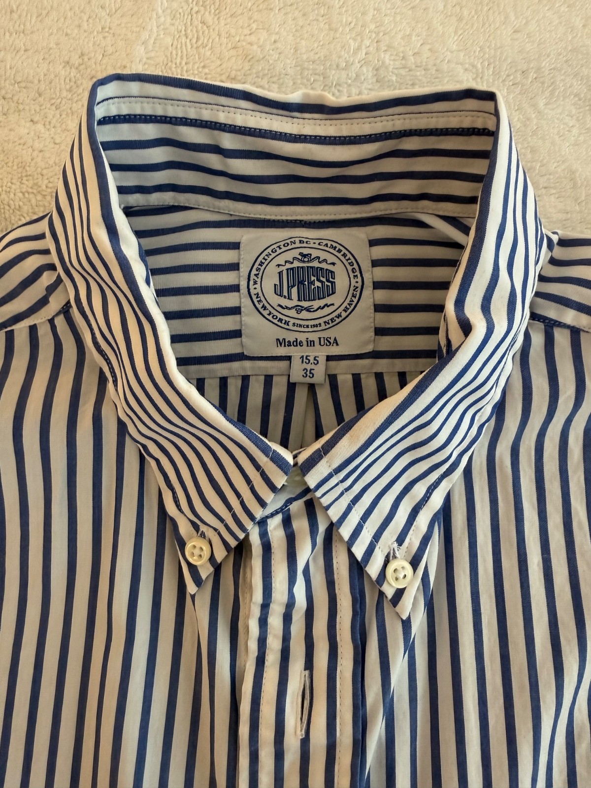 J Press – Worn Once – Navy, Butcher Stripe Button Down Shirt – Size 15 1/2 x 35