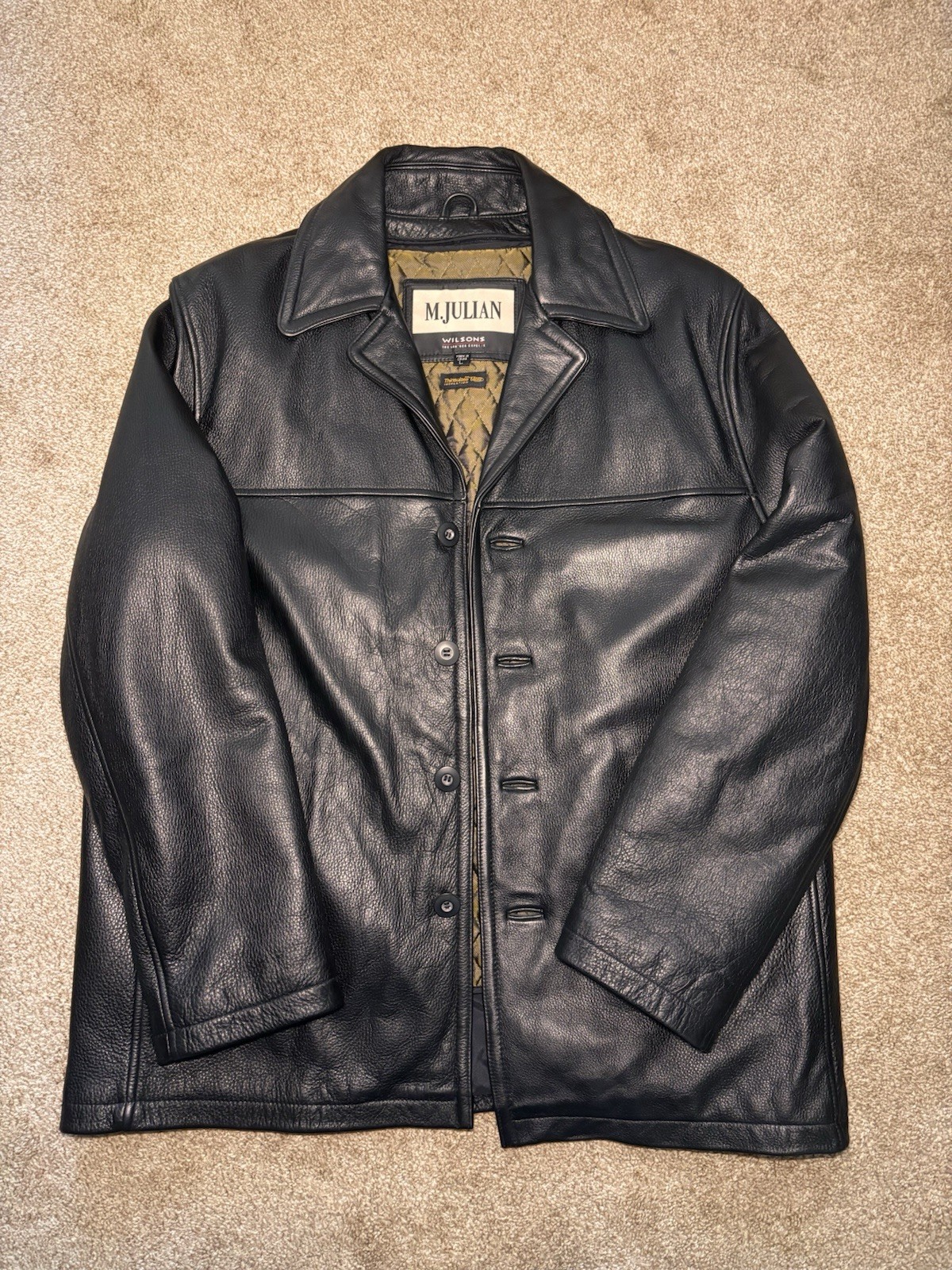 M. Julian Wilsons Black Leather Car Coat Jacket Mens L Thinsulate Insulated