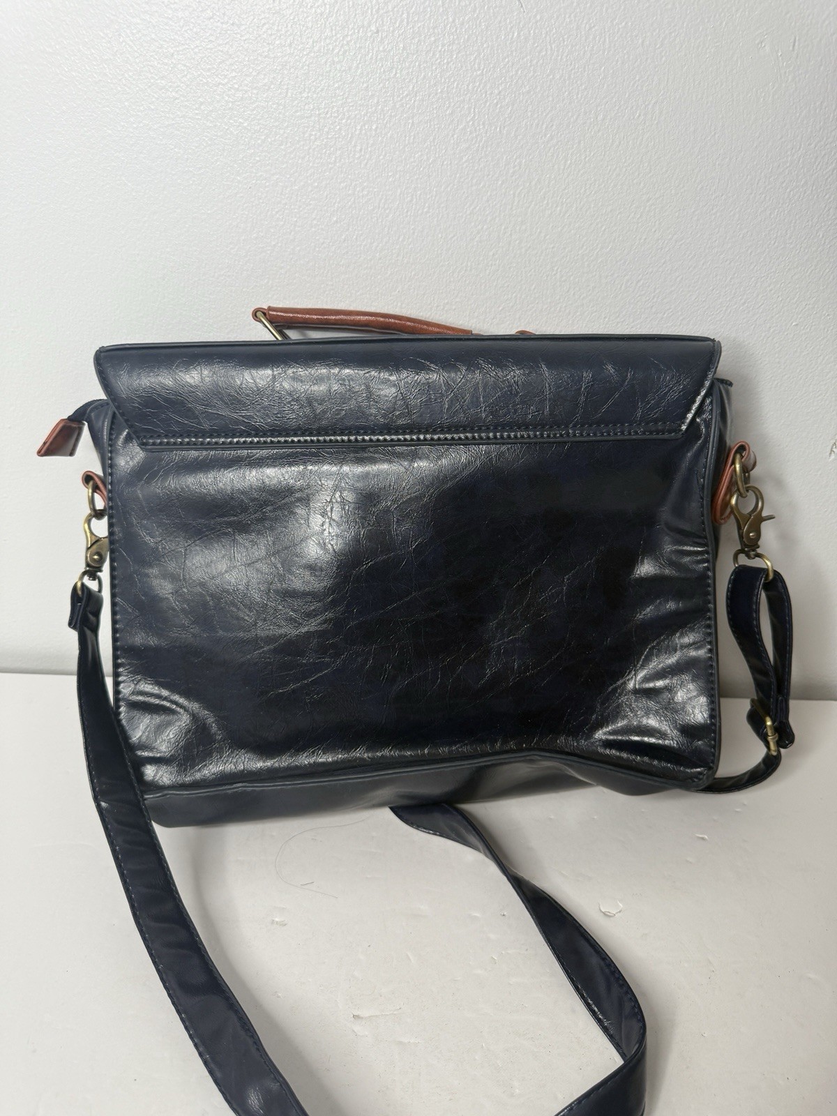 Ecosusi Faux Leather 2 Tone Dark Navy Blue Brown Messenger Bag with Bow & Handle