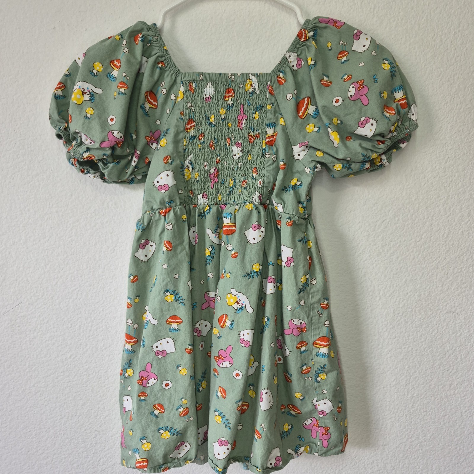 Sanrio Hello Kitty & My Melody Green Smocked Puff Sleeve Fit & Flare Dress S