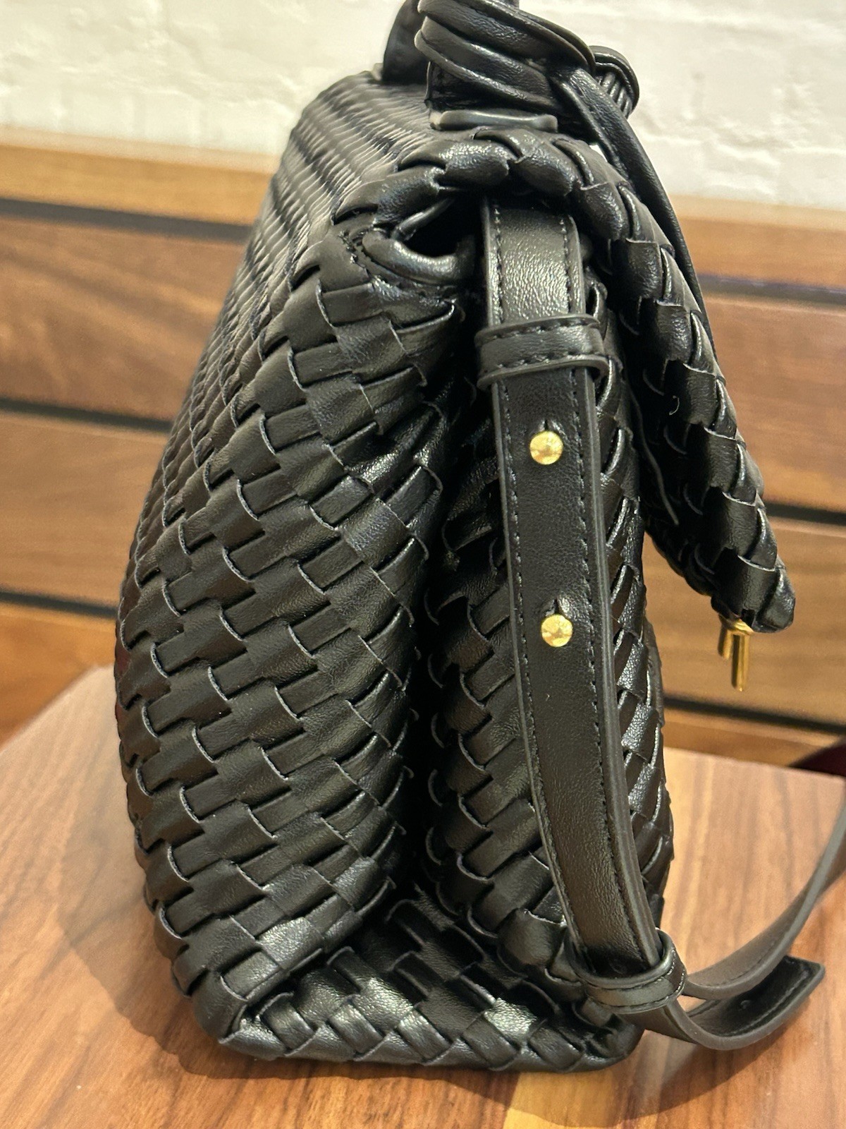 Women’s Black Woven Satchel Top Handle Turn Lock, Detachable Strap Gold Hardware