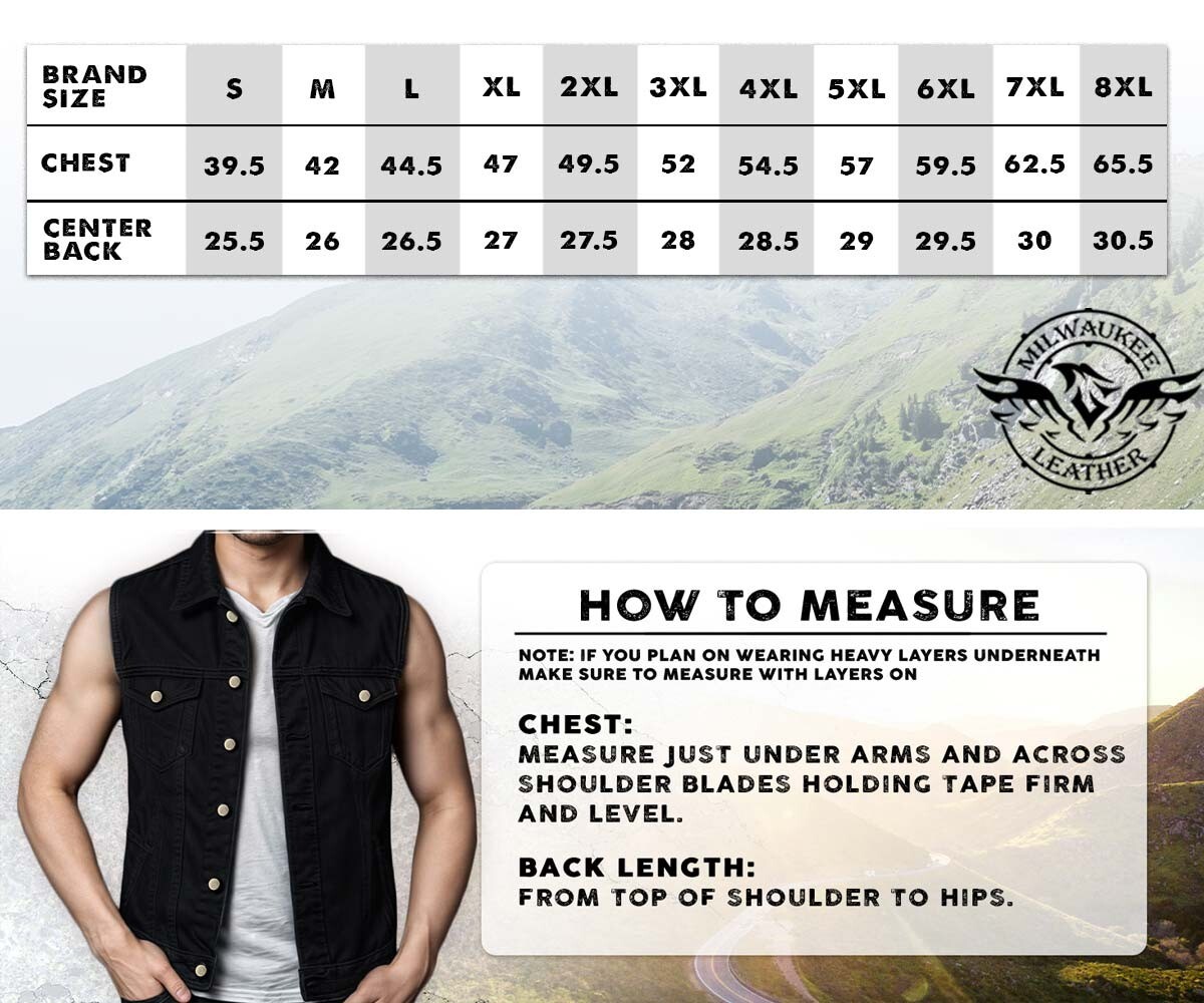 Milwaukee Leather 3010 Men’s Black Denim Club Style Biker Vest with Leather Trim