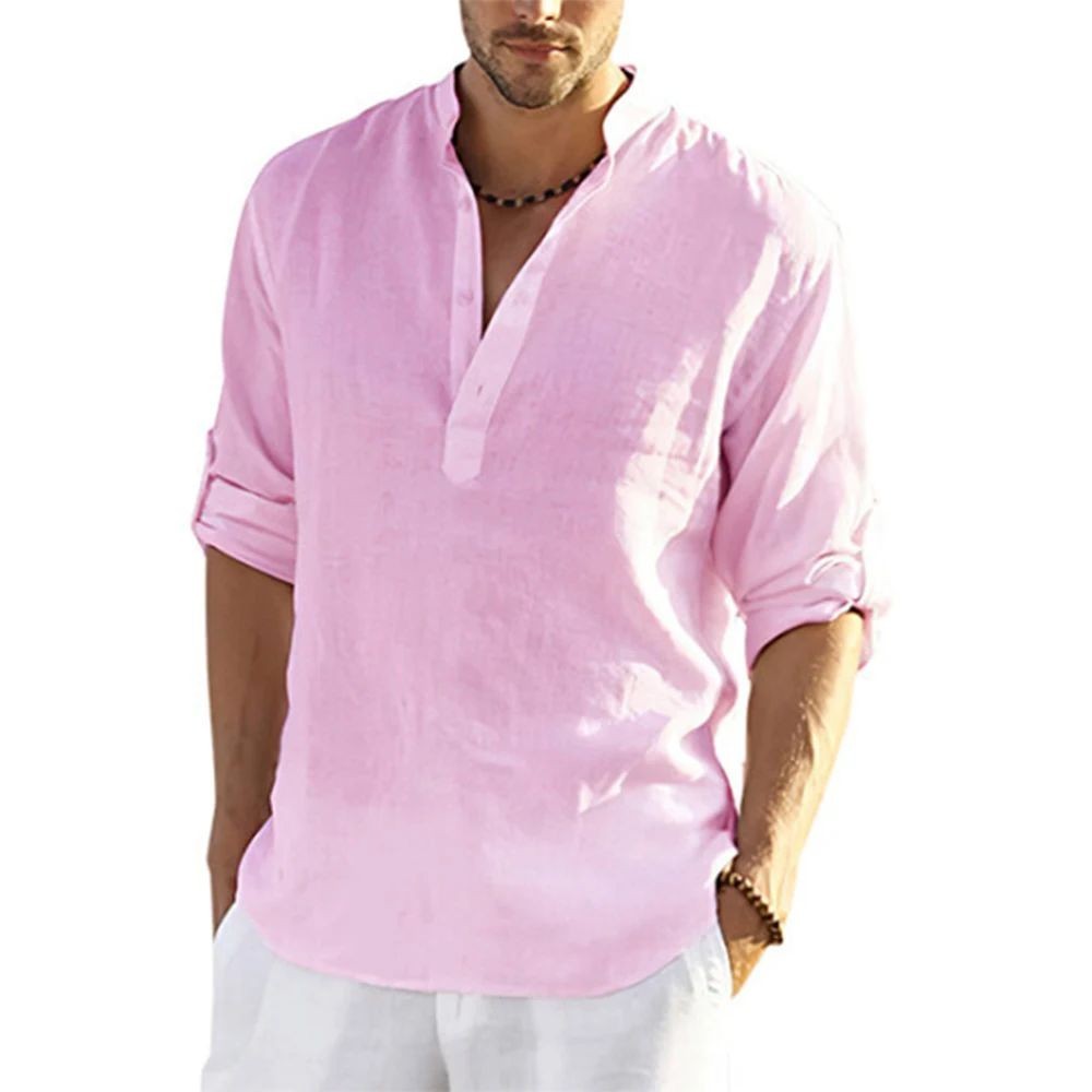 Men’s Cotton Linen Shirt Stand Collar Long Sleeve Casual Pullover Top