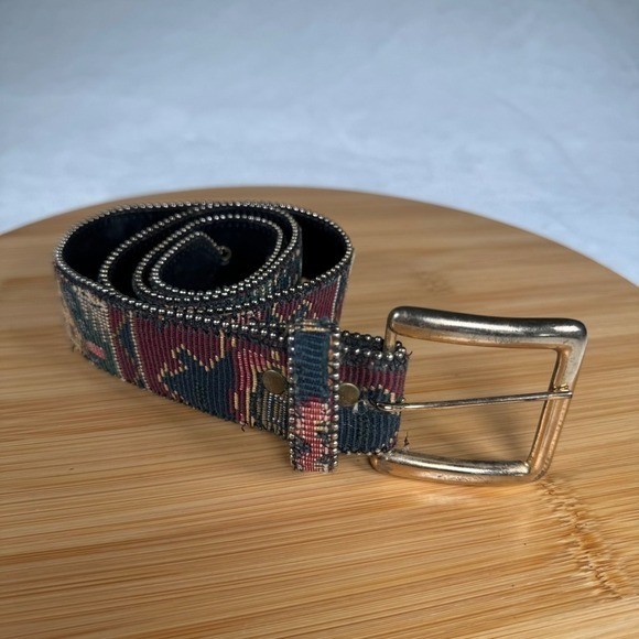 Vintage Absolutely Fresh Woven Tapestry Belt Womens Gold Buckle 33.5in Bohemian
