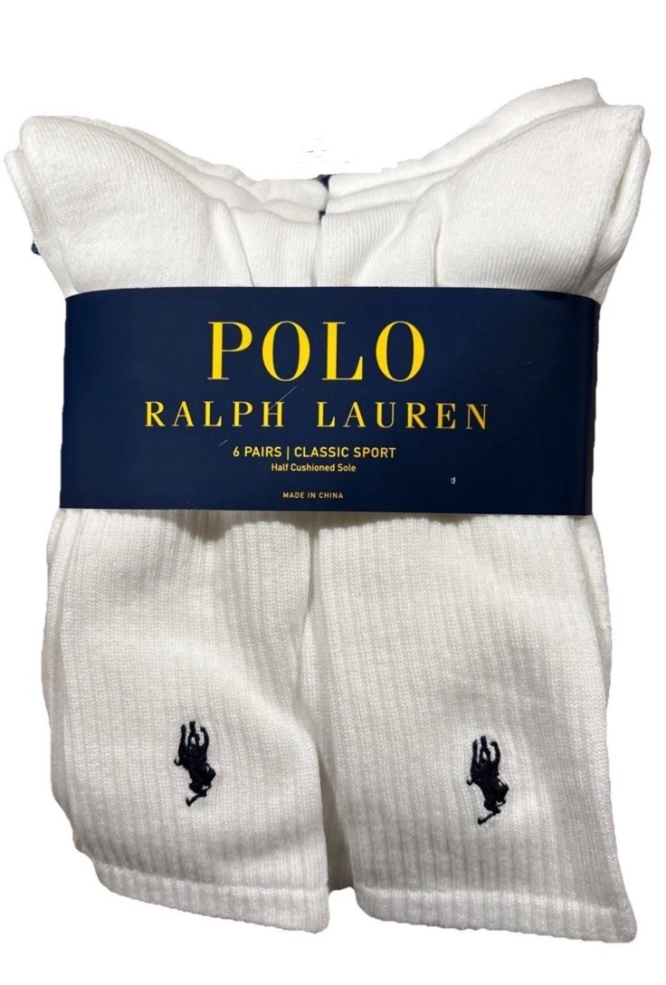 POLO Ralph Lauren 6 Pairs Size 6-12.5 White Navy Pony Logo Classic Crew Socks HJ