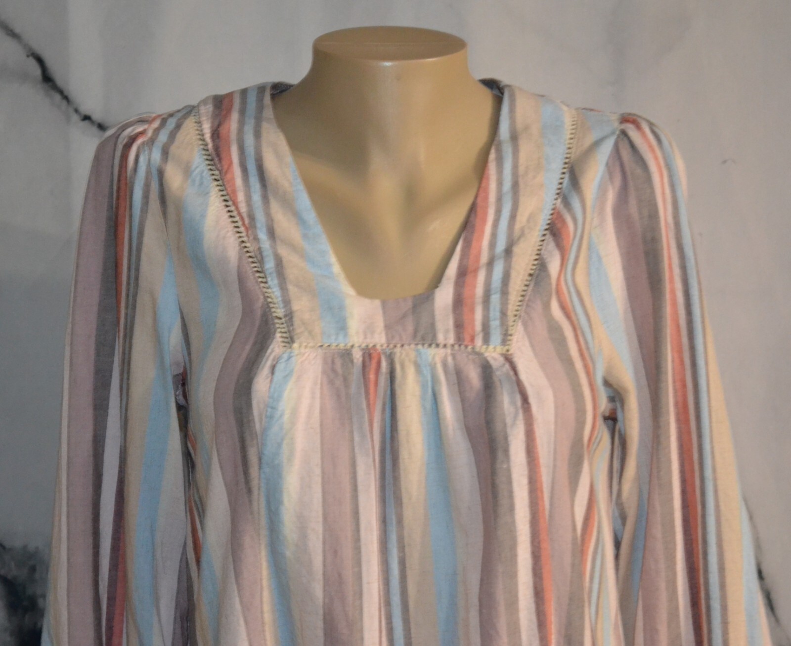 KNOX ROSE Ivory Multicolor Striped Shift Dress Small 3/4 Sleeves Rayon Linen Bld