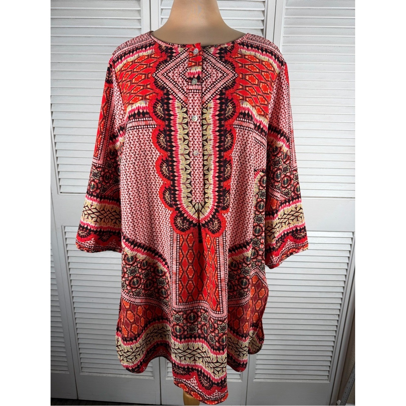 Fig and Flower Boho Tribal Print High Low Tunic Top 3/4 Sleeve XL