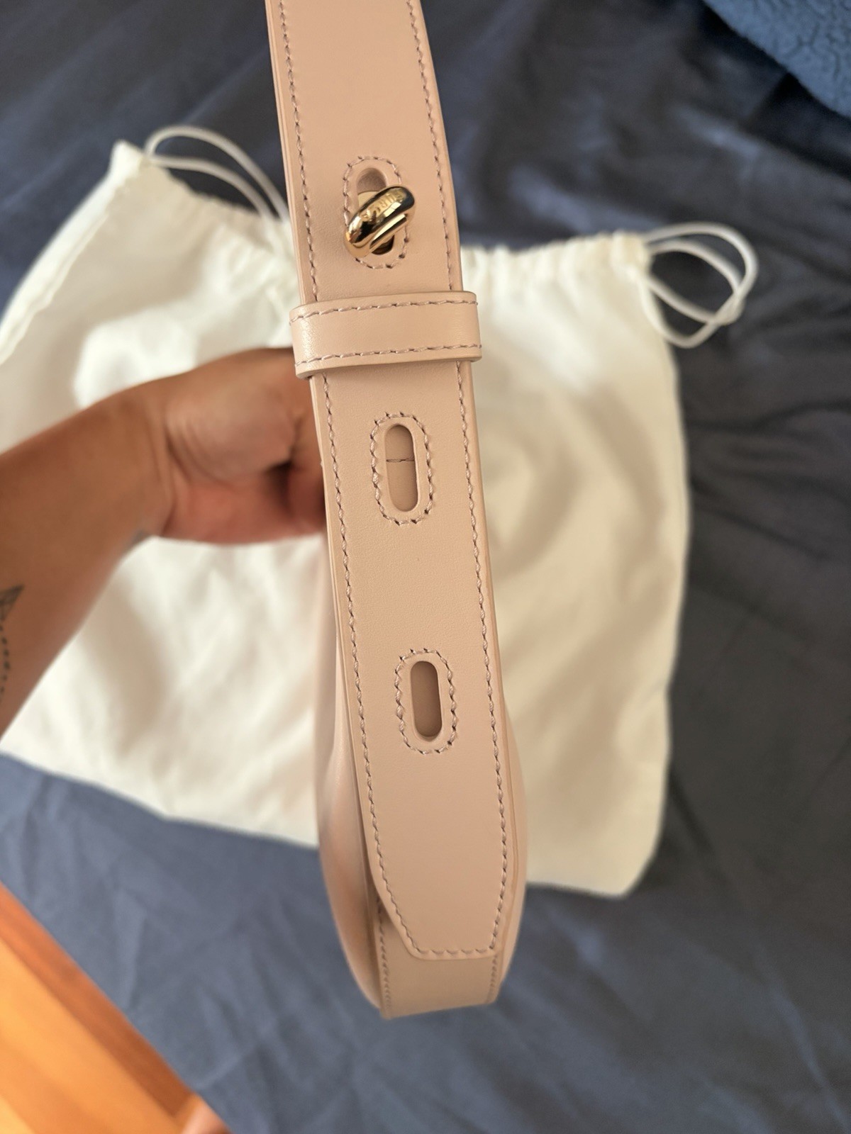 Furla Beige Crescent Shoulder Bag Zip Closure Logo Accent Gold Hardware Dust Bag