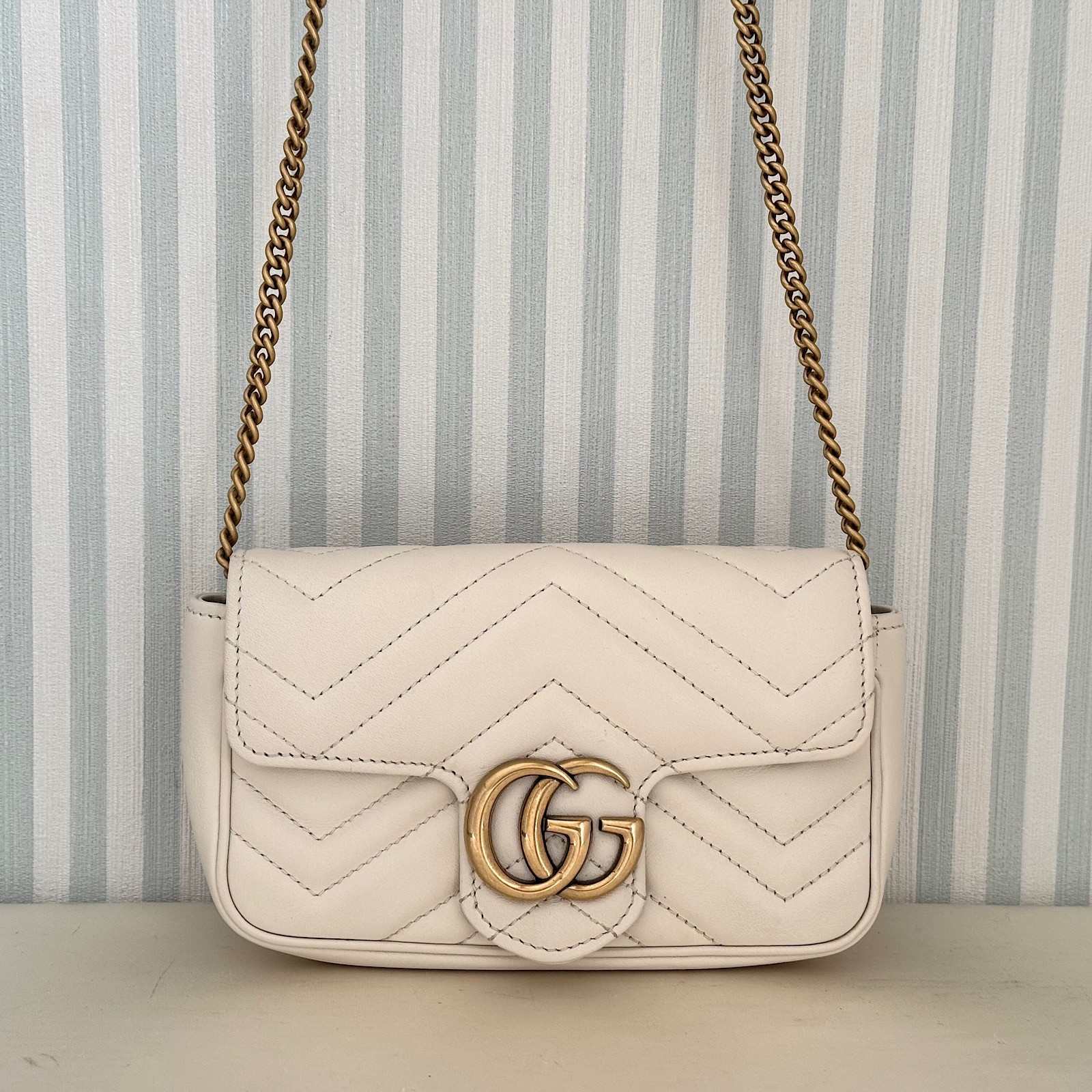 GUCCI GG Marmont 476433 Leather Chain Shoulder Bag White Crossbody with Dust Bag