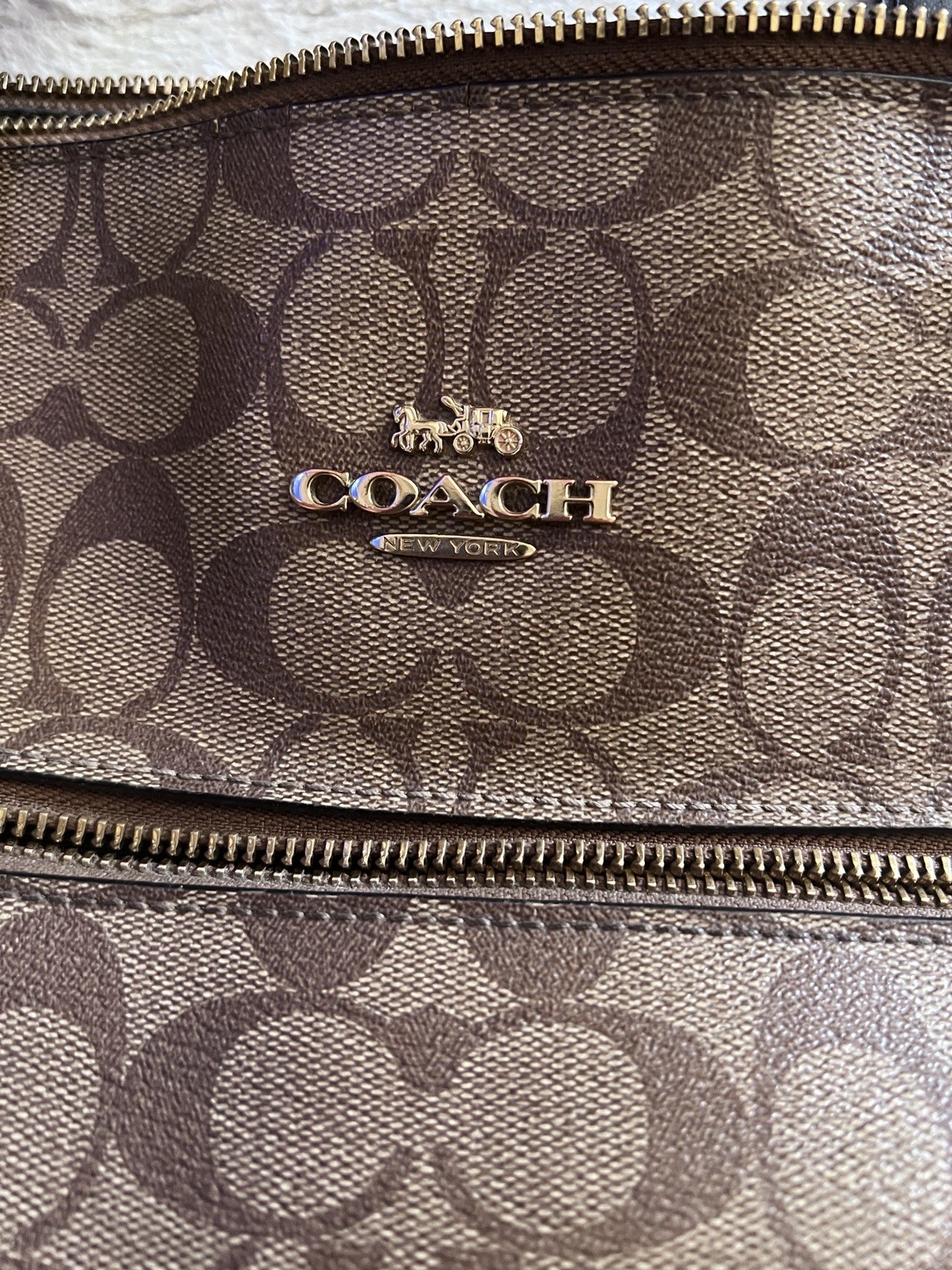 Coach F79609 Signature Tote Bag Brown Monogram Canvas Black Leather Handles