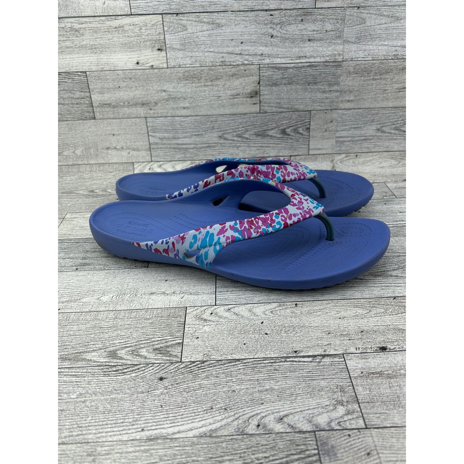 Crocs Kadee II Flip Flops Women Size 10 Blue Multi Color Leopard Print Sandals