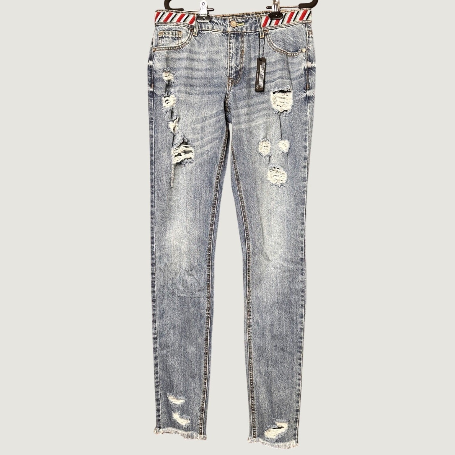 Alloy Apparel Distressed Jeans Beaded Waistband Size 11×37 Straight Skinny Leg
