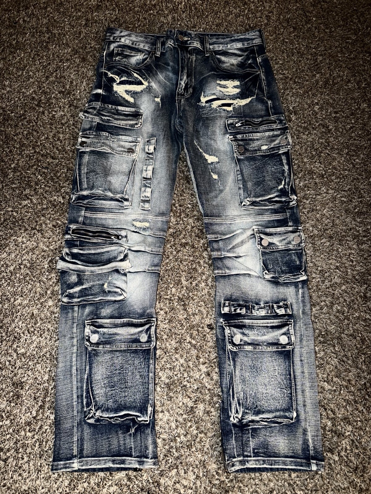 Men’s Cargo Utility Distressed Pocket Jeans Pants Stretch Blue Denim Urban 34-32