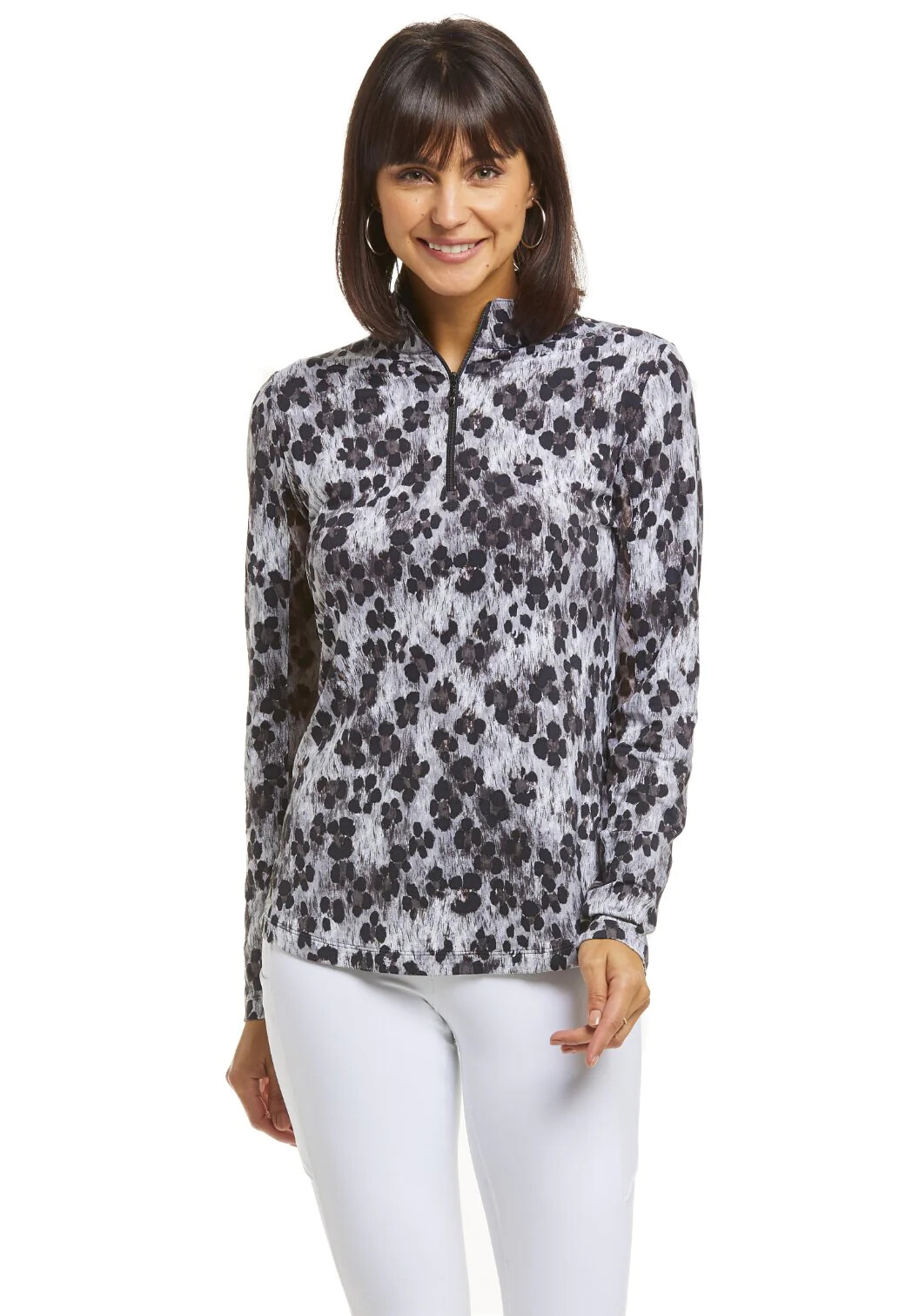 IBKUL Le Leopard Mock Neck Top Size S M Long Sleeve Black Gray Women Golf Shirt