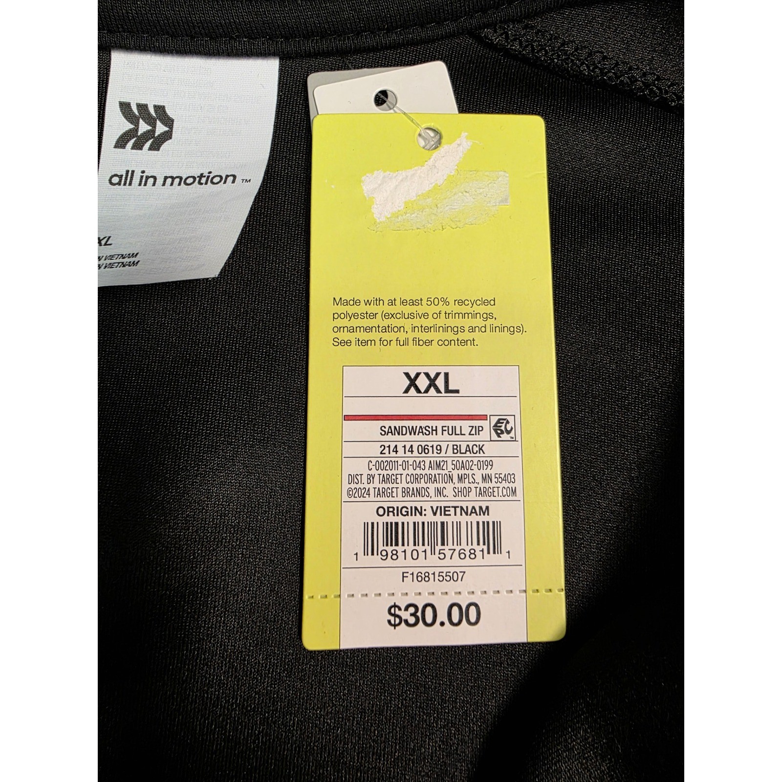 All in Motion Sandwash Full Zip Jacket Black XXL Relaxed Fit Hip Length