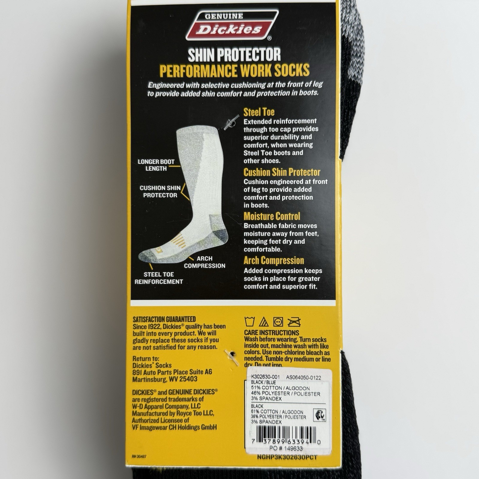 Dickies Shin Protector Boot Length Work Socks COTTON w/ Steel Toe Boot Cap – 3Pk