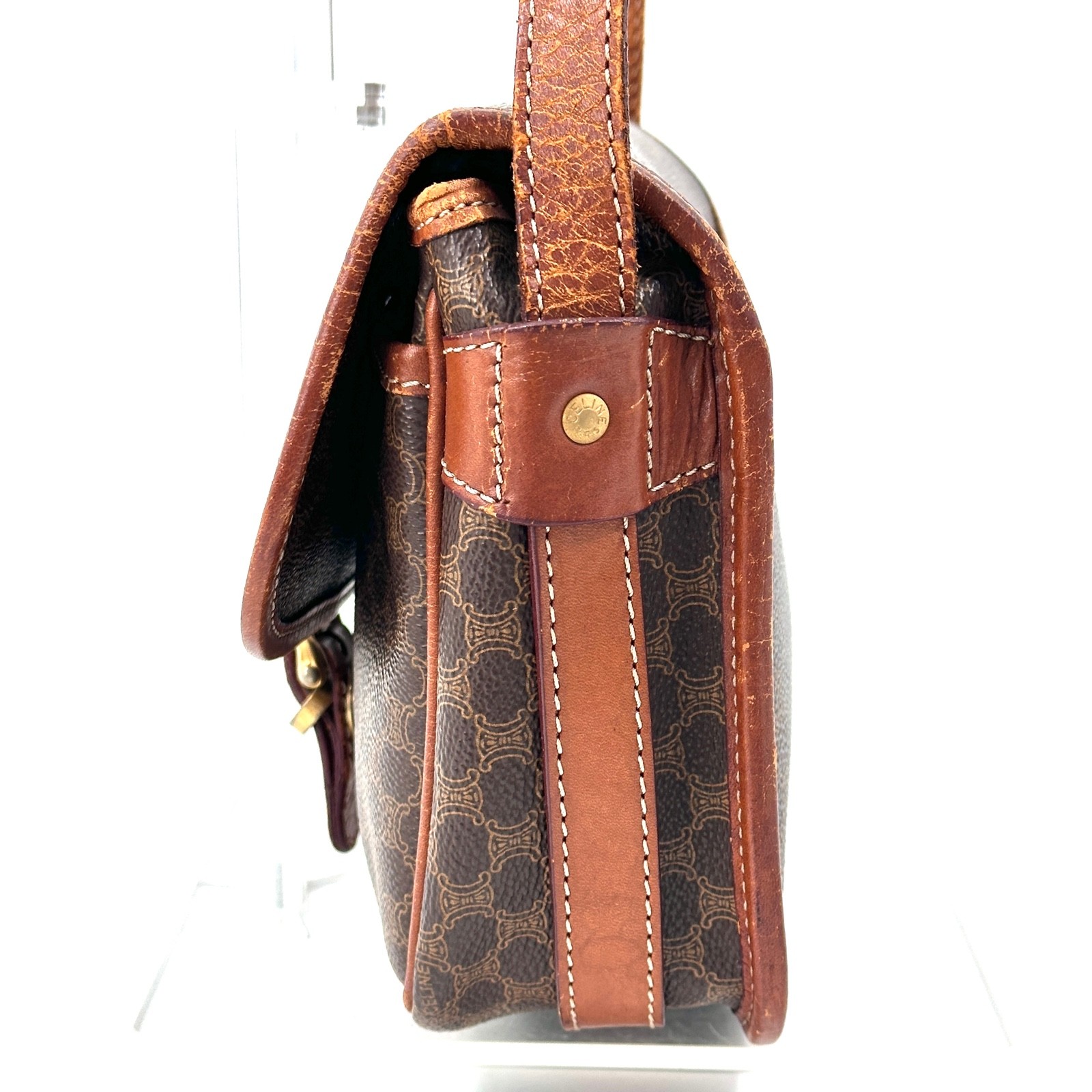 Vintage Celine Macadam Shoulder Bag Crossbody PVC Leather Brown