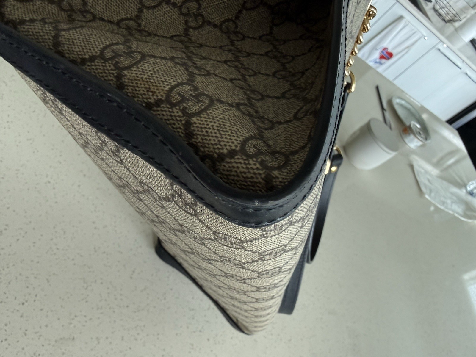 Gucci GG Padlock Medium Top Handle Bag Beige Black Gold Lock Chain Strap