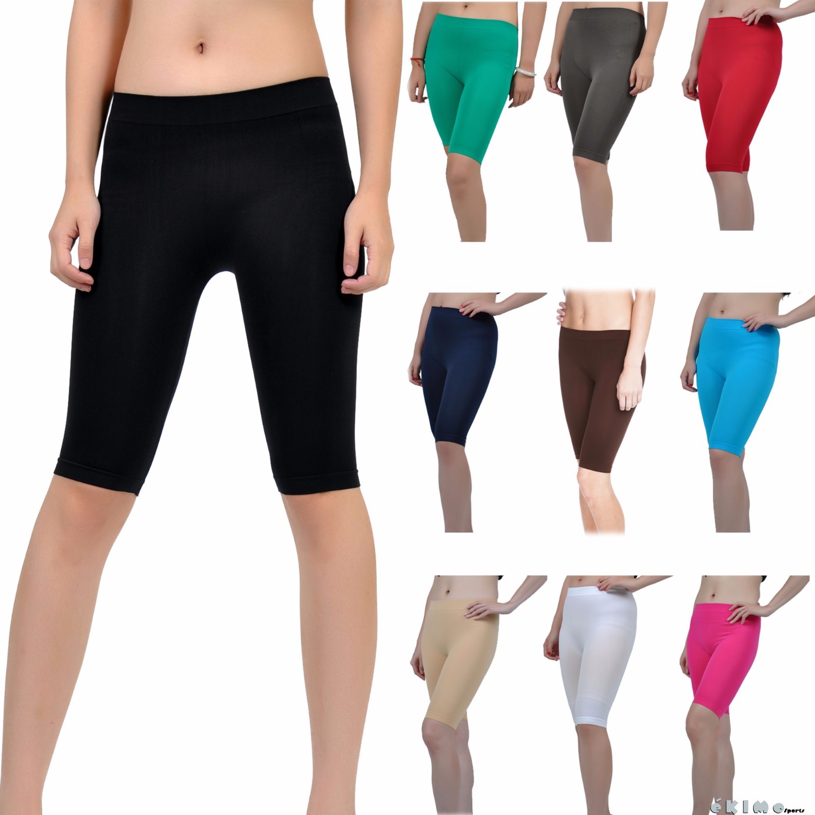 Seamless Stretch Bike Shorts Solid Colors Spandex Knee Length Legging Yoga Sport