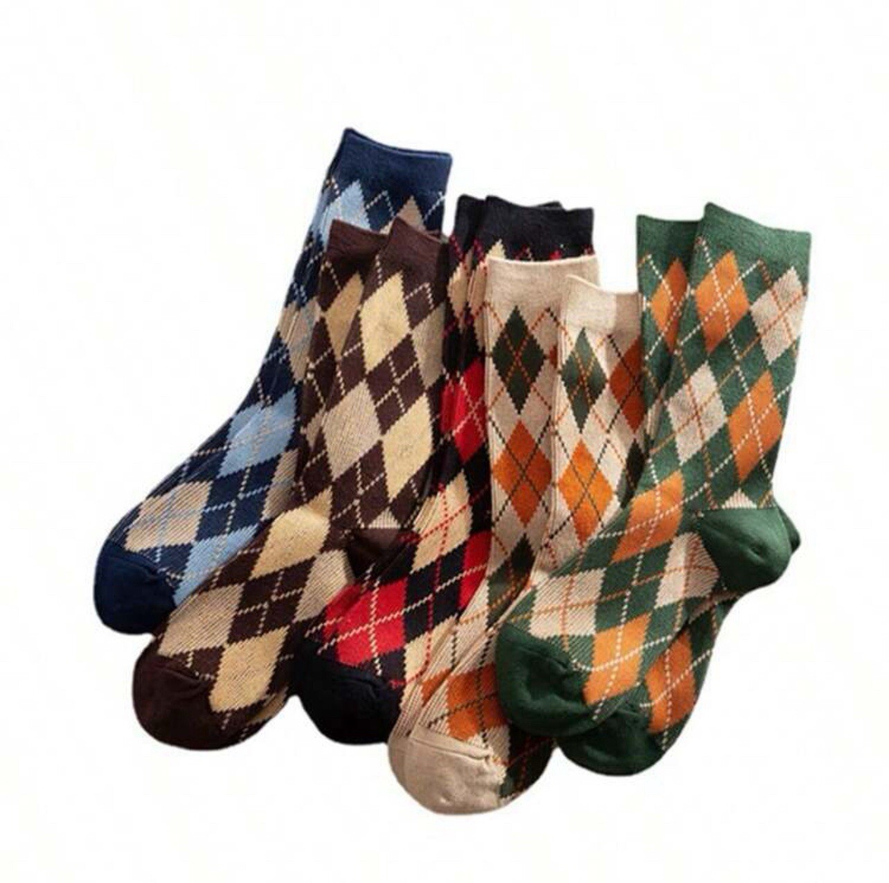 5 Pairs Girls Women Autumn/Winter Diamond Plaid Mid-Calf Retro Collage Socks