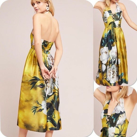 NEW Anthropologie Taffeta Halter Dress 8 M Hemant & Nandita Sexy Lace-up $258