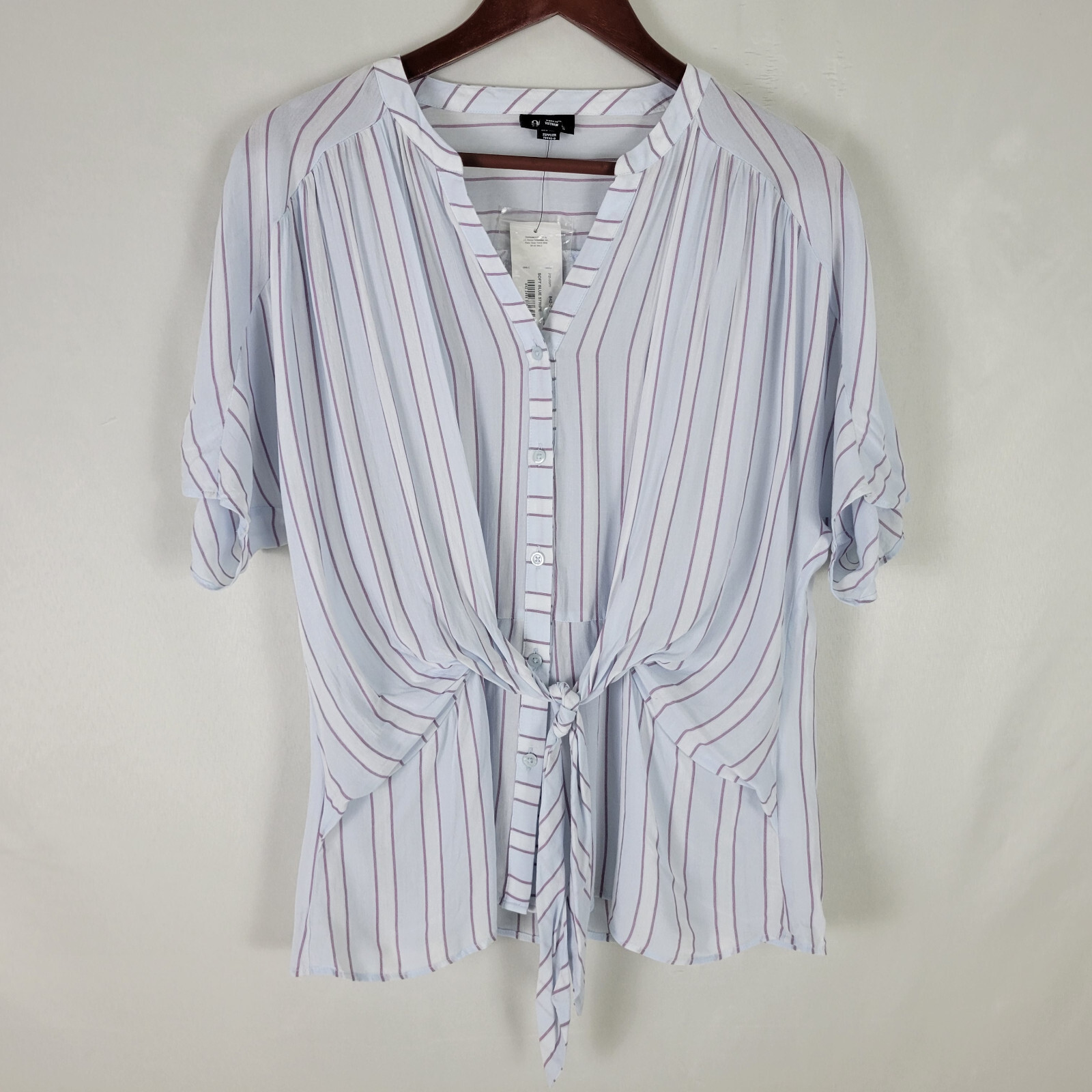 ANA Shirt Womens XS Top New Striped Front Tie Short Sleeve Split Neck Button Up