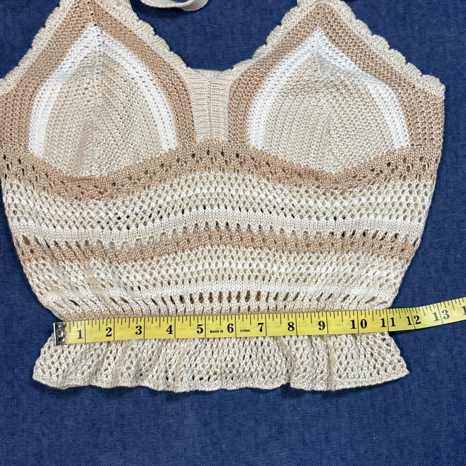 Madden NYC Crochet Knit Strappy Ruffle Elastic Hem Tank Top Womens Sz L