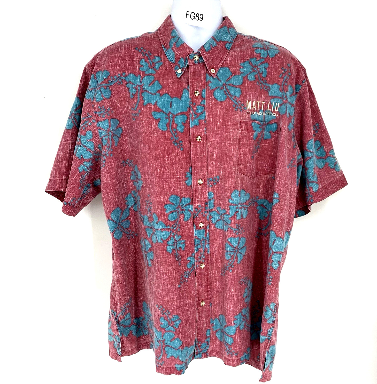 Reyn Spooner Hawaiian Shirt 2XL Hibiscus Print Embroidered Aloha Cotton Blend