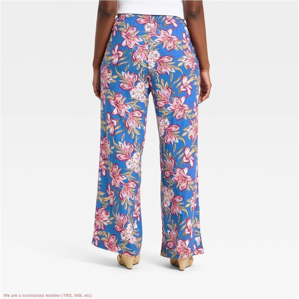 Women’s Linen Wide Leg Pull-On Pants – A New Day Blue Floral M *SEE DEAL!!!*